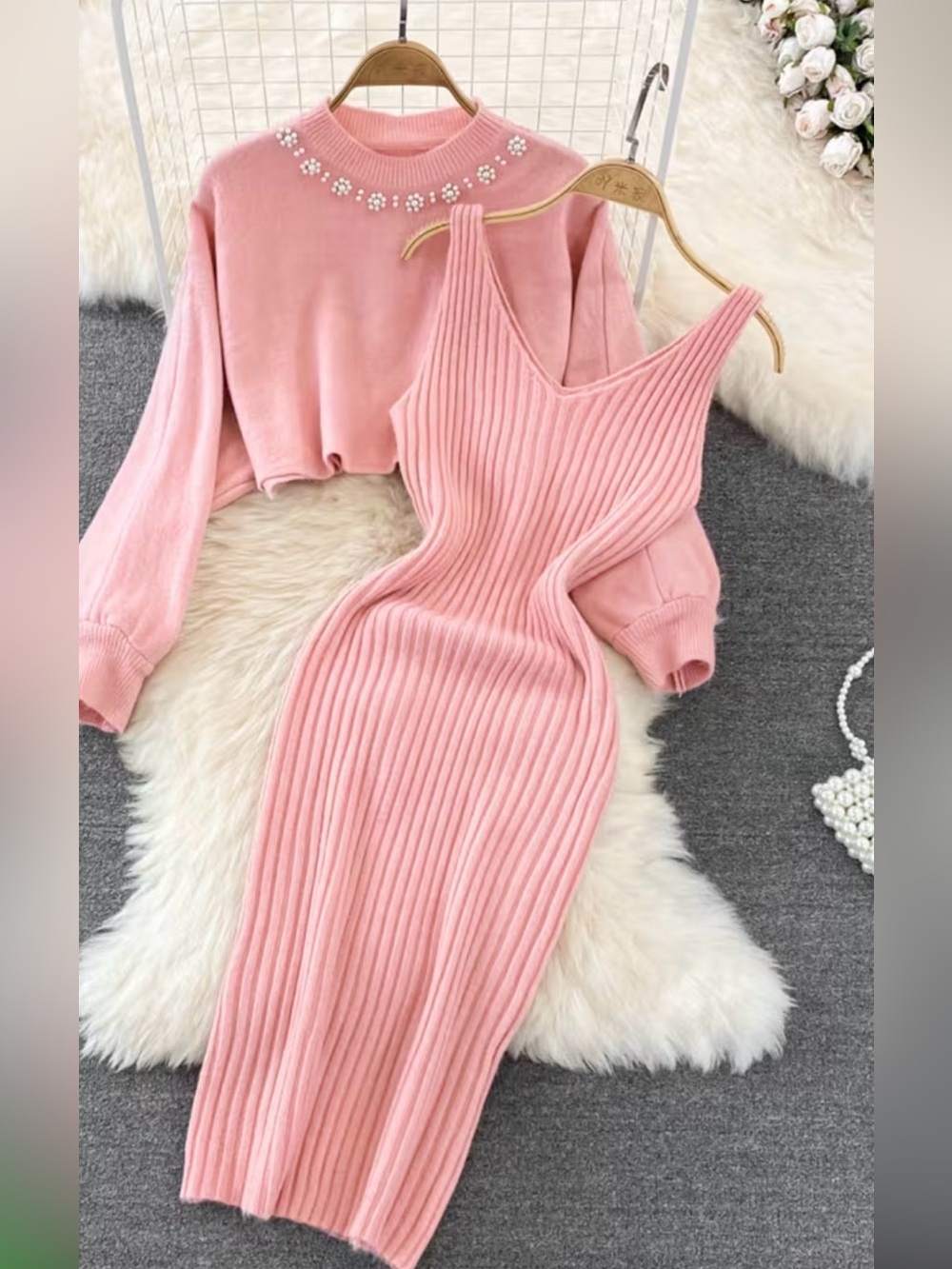 Pink Ribbed Knit Midi Skirt